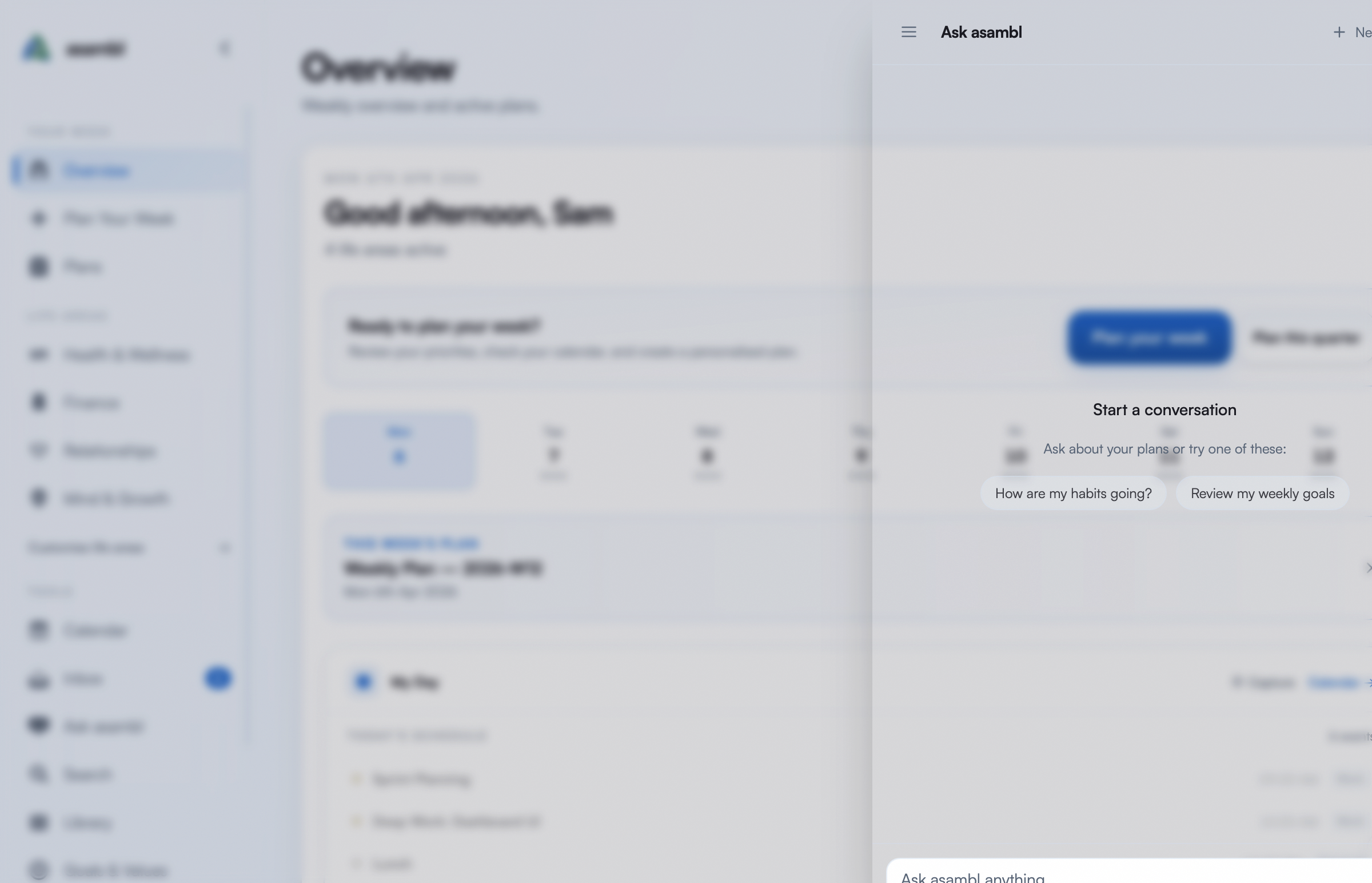 Ask asambl conversation panel with suggested prompts and chat thread