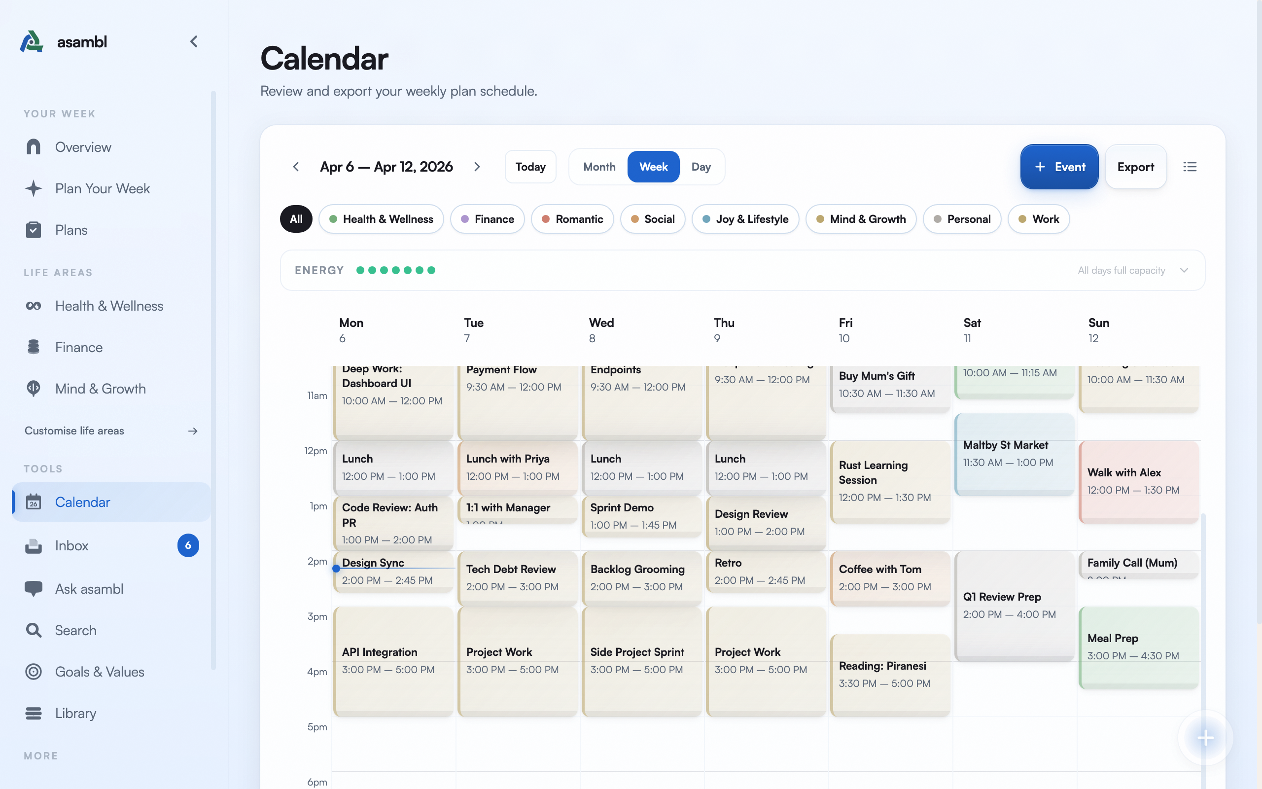 asambl calendar — your weekly plan as scheduled events