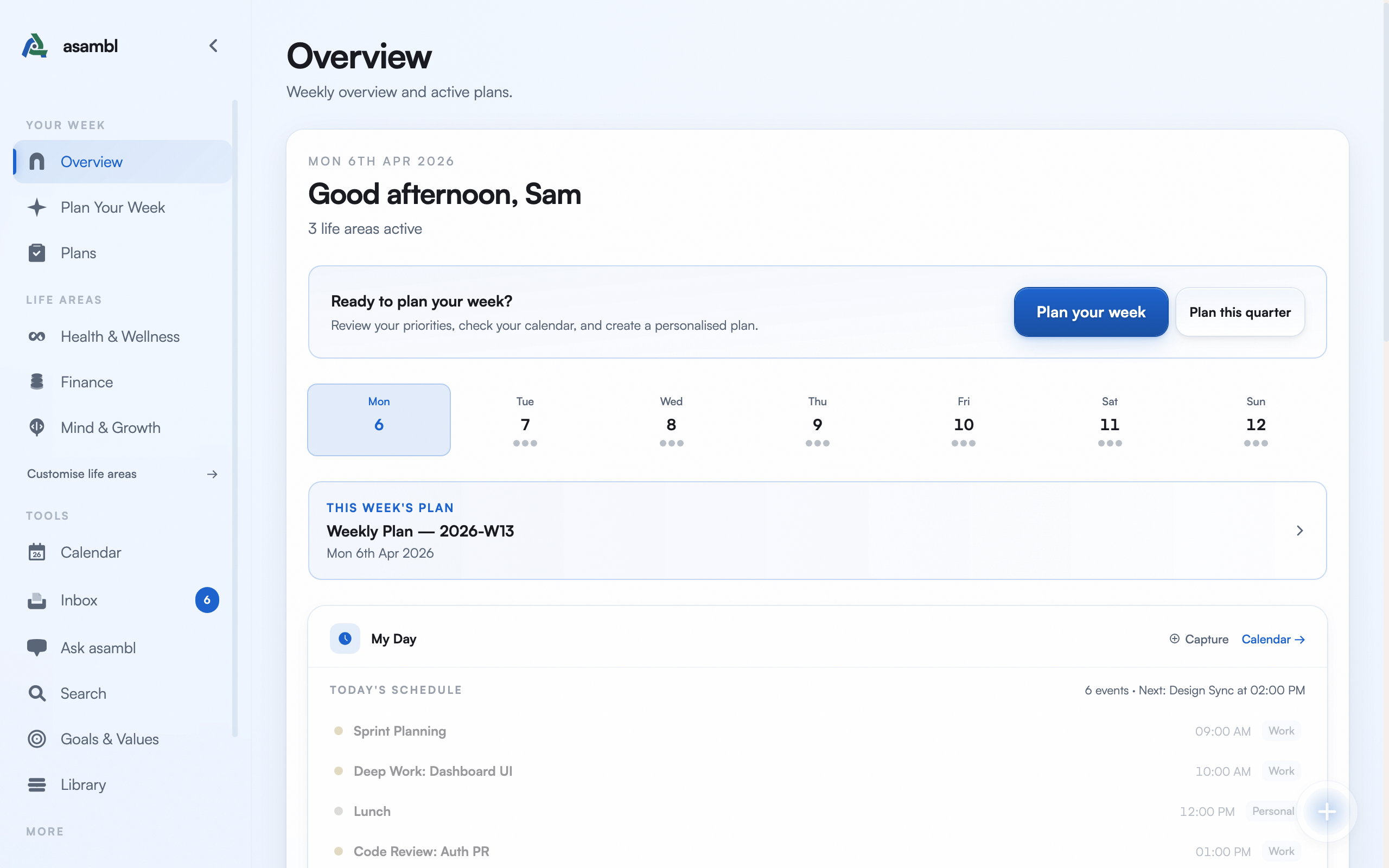 asambl dashboard showing daily habits, upcoming tasks, and life area overview