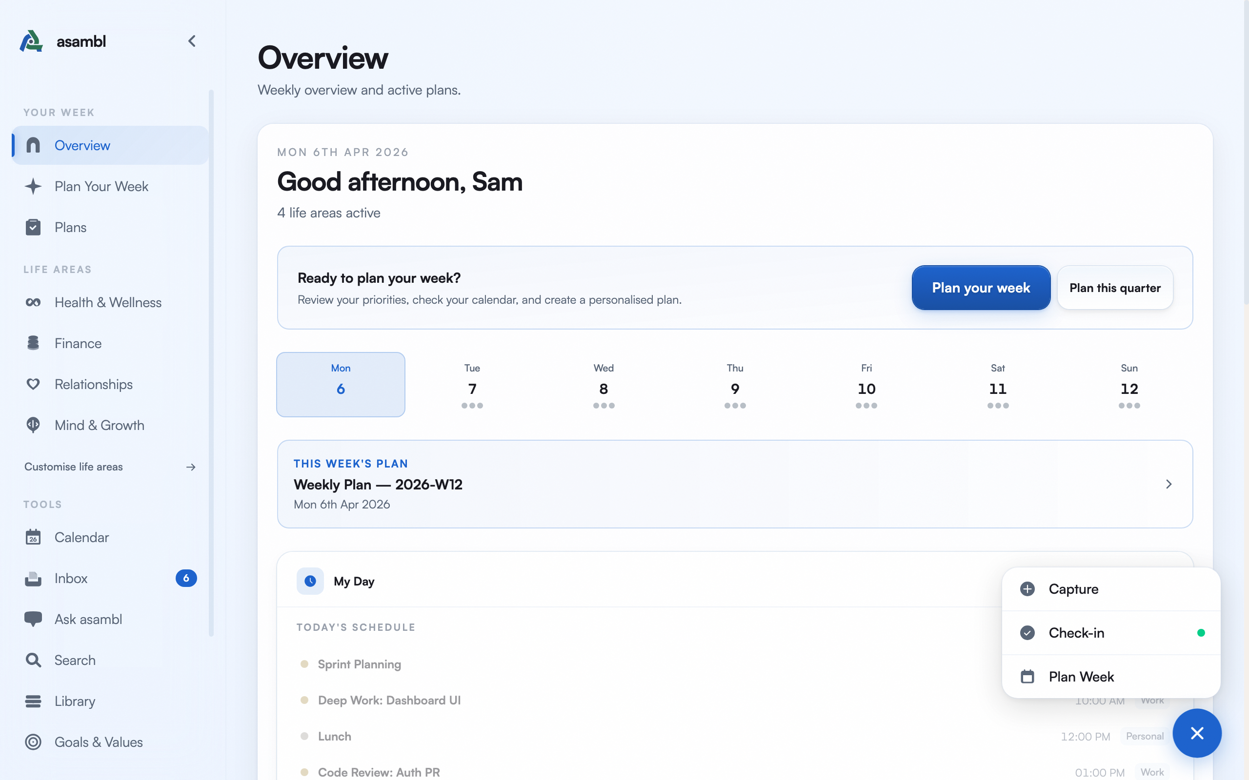 The action button expanded showing Capture, Check-in, and Plan Week options