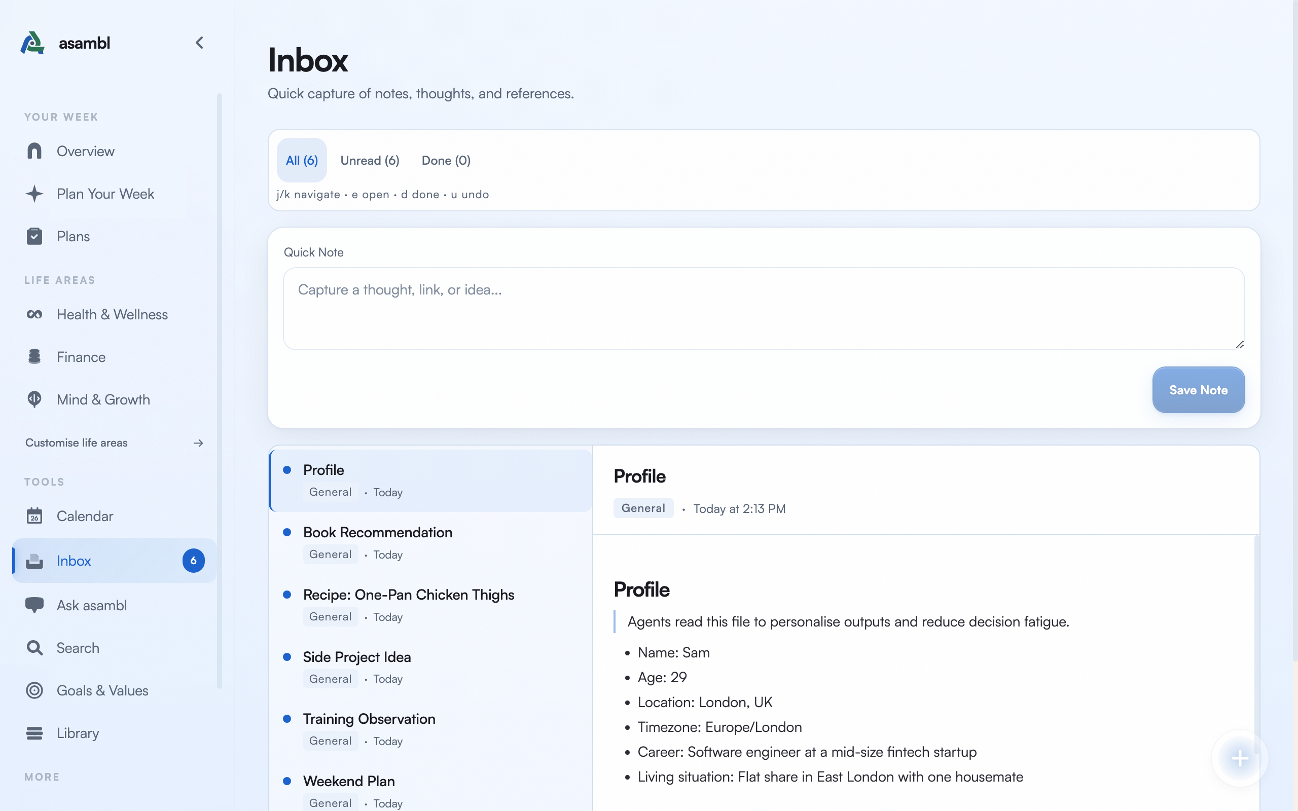 Inbox showing a list of captured items with preview panel and filing options