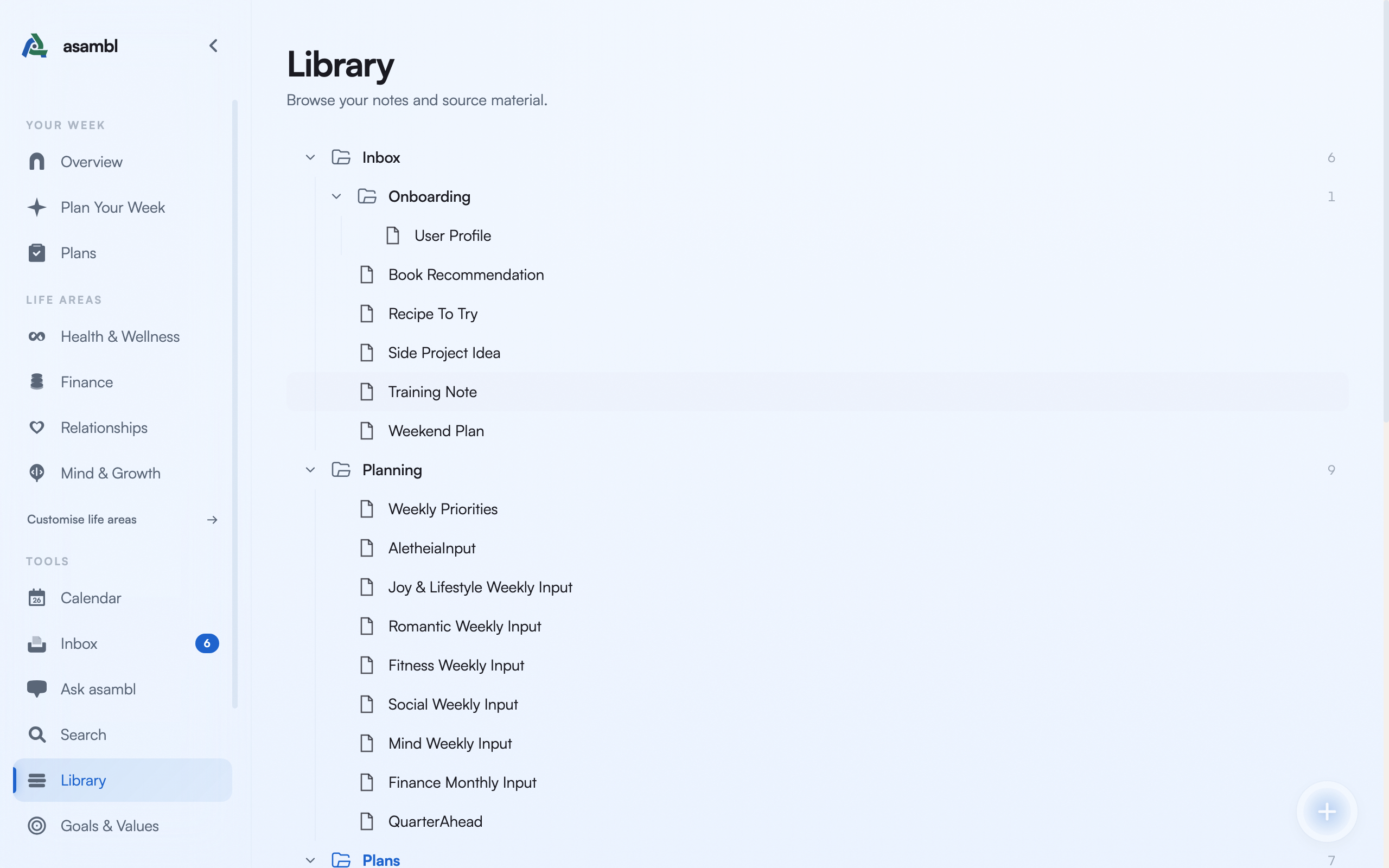 Library file browser showing folder tree and note preview