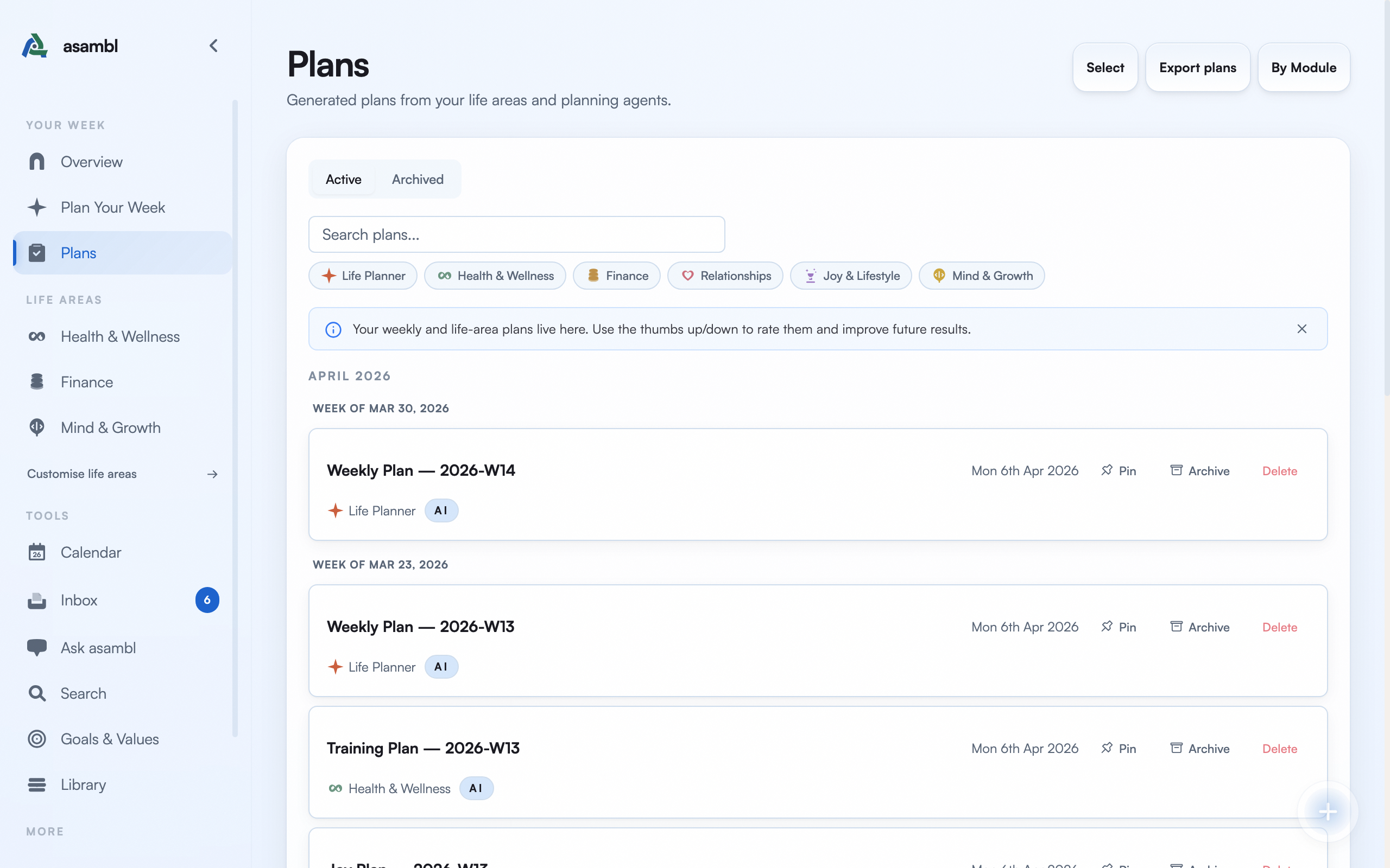 Plans list showing recent weekly and life area plans organized by date