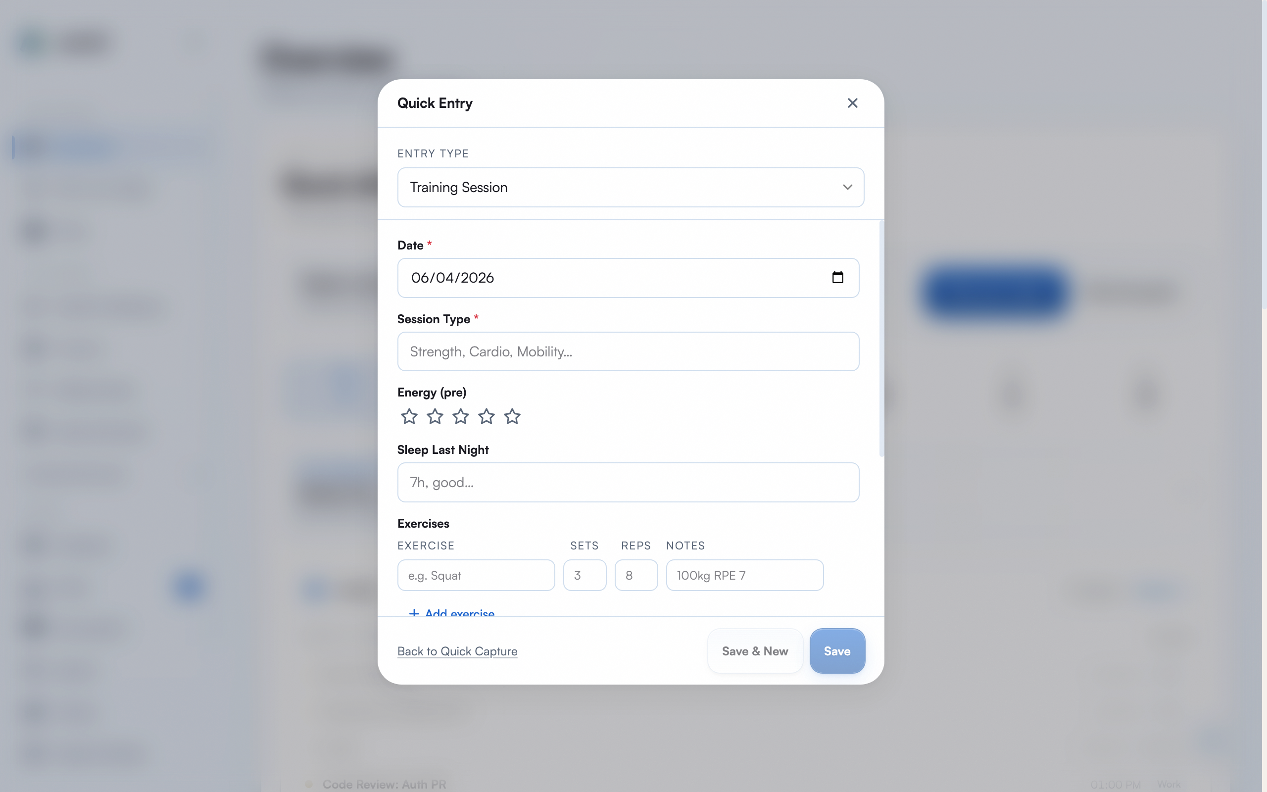 Quick Entry form showing structured fields for a workout log