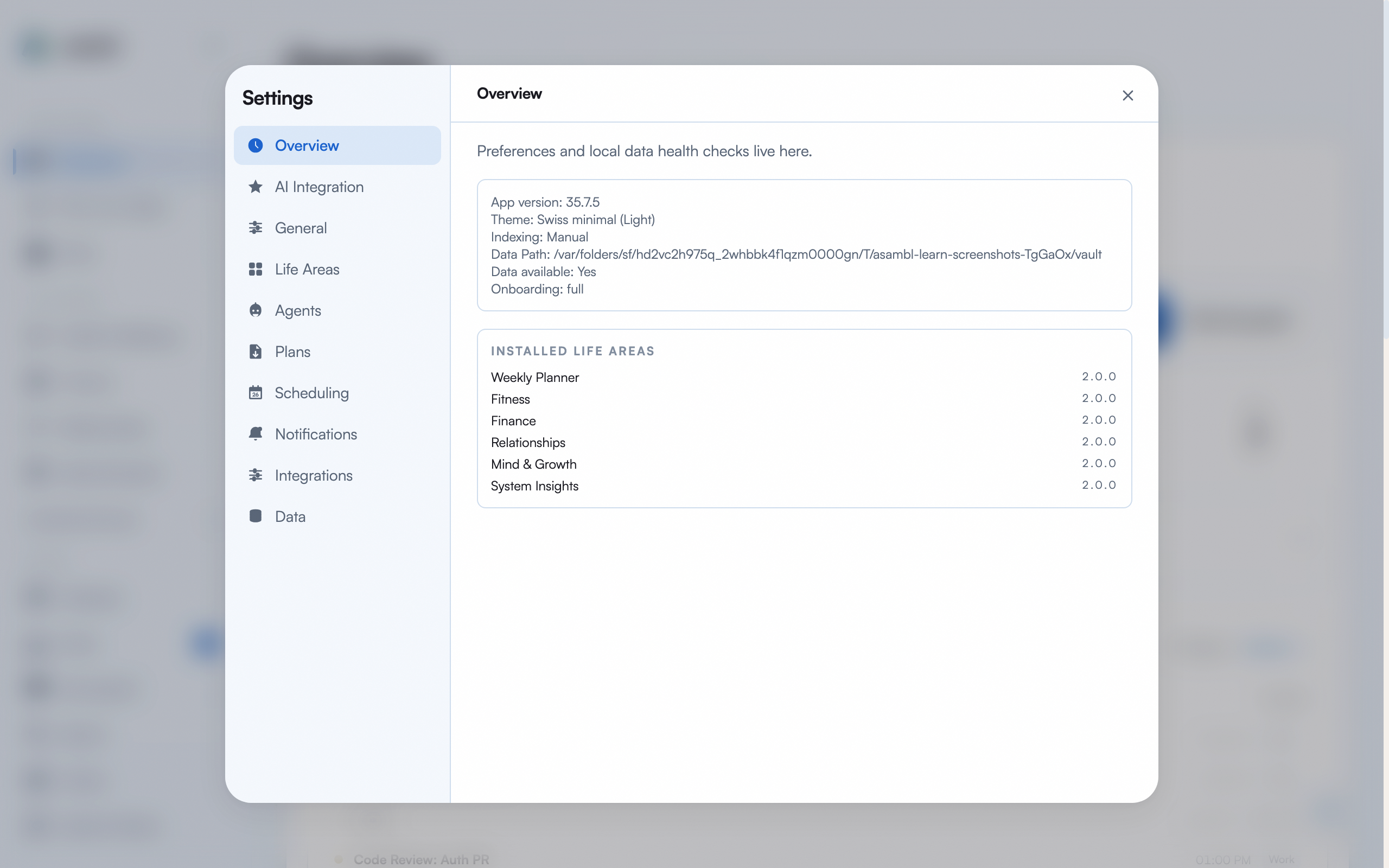 Settings screen showing AI integration, life areas, and scheduling options