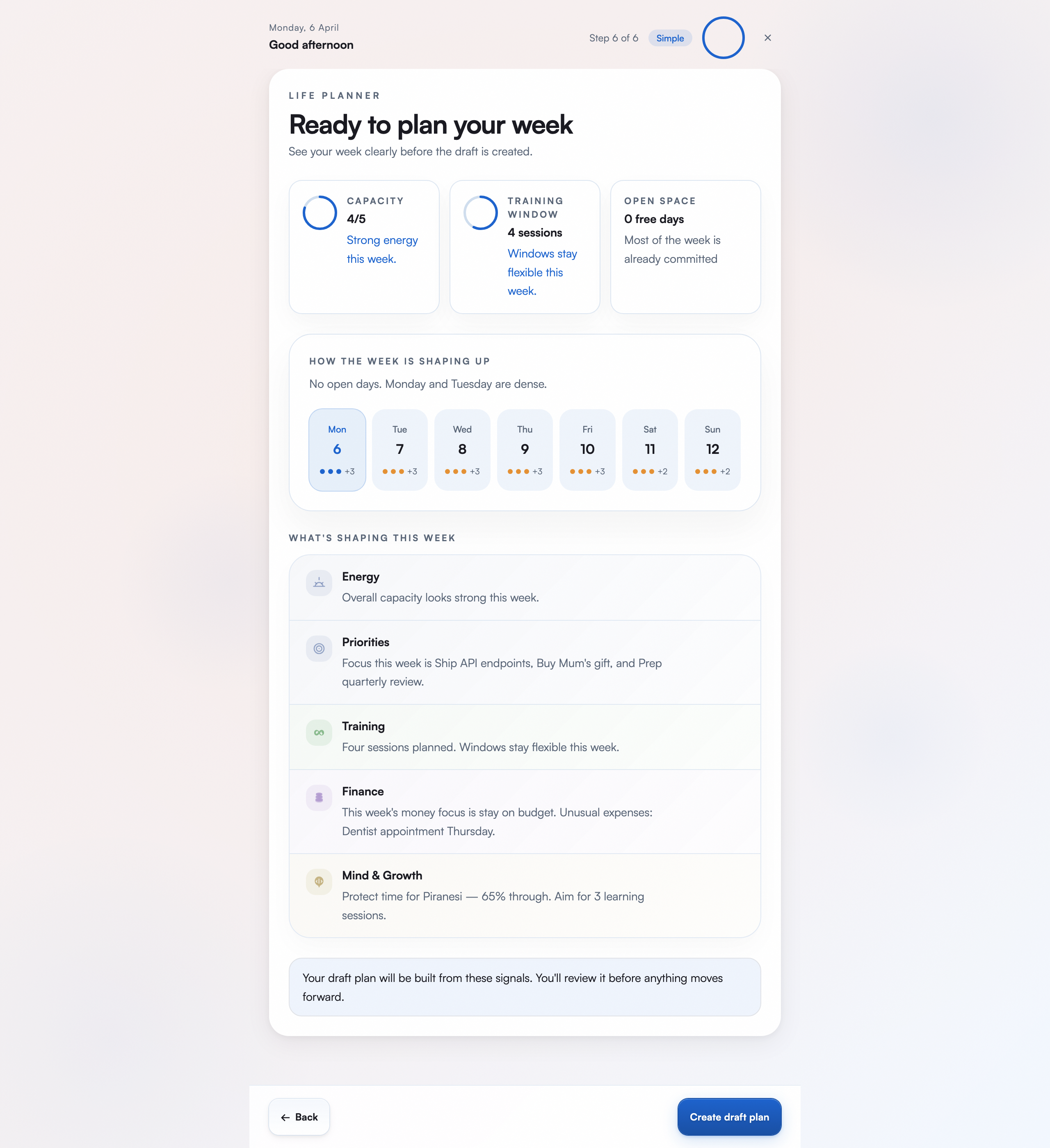 Weekly planner review screen showing priorities, schedule, and life area summaries