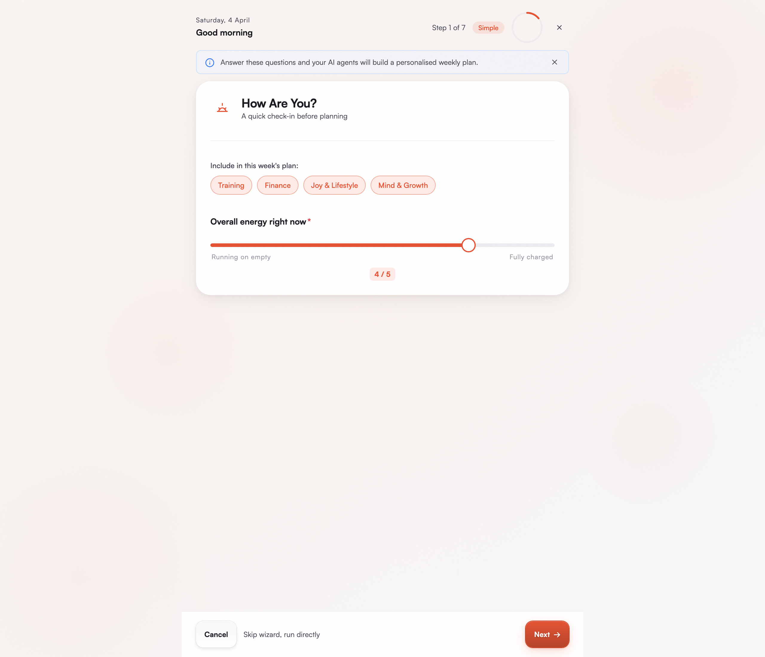 asambl wizard — choose which life areas to include in your weekly plan